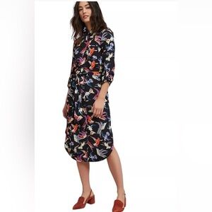 Anthropologie Maeve Martina Midi Bird Print Shirt Dress with Tie size 6